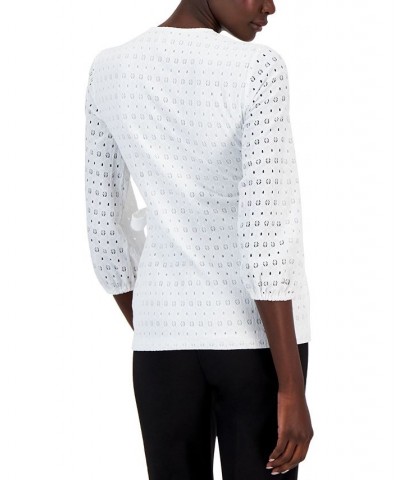 Women's Dot-Lace Blouson-Sleeve Wrap Top White $51.23 Tops