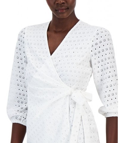 Women's Dot-Lace Blouson-Sleeve Wrap Top White $51.23 Tops