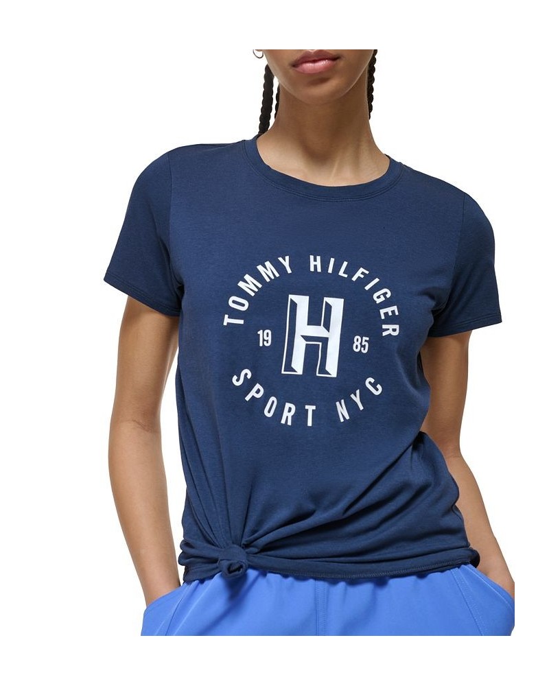 Women's Logo-Print Knotted Tee Blue $22.12 Tops