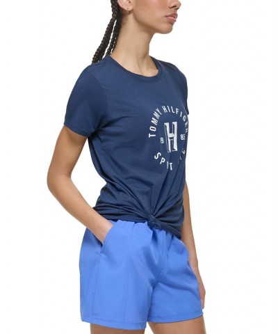 Women's Logo-Print Knotted Tee Blue $22.12 Tops