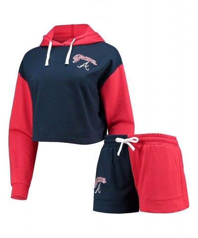Women's Navy Red Atlanta Braves Color-Block Pullover Hoodie and Shorts Lounge Set Navy, Red $38.70 Pajama
