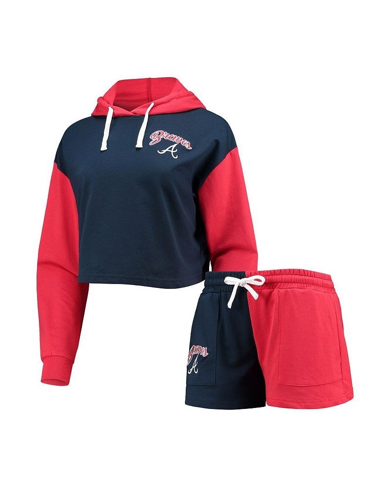 Women's Navy Red Atlanta Braves Color-Block Pullover Hoodie and Shorts Lounge Set Navy, Red $38.70 Pajama