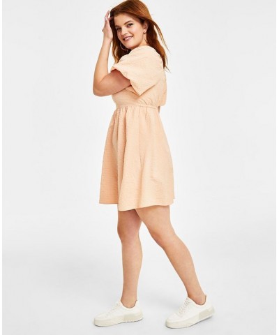 Women's Seersucker Puff-Sleeve Dress Pink $29.44 Dresses