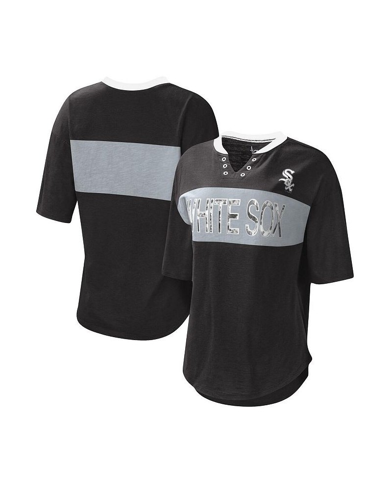 Women's Black and Silver Chicago White Sox Lead Off Notch Neck T-shirt Black, Silver $22.00 Tops