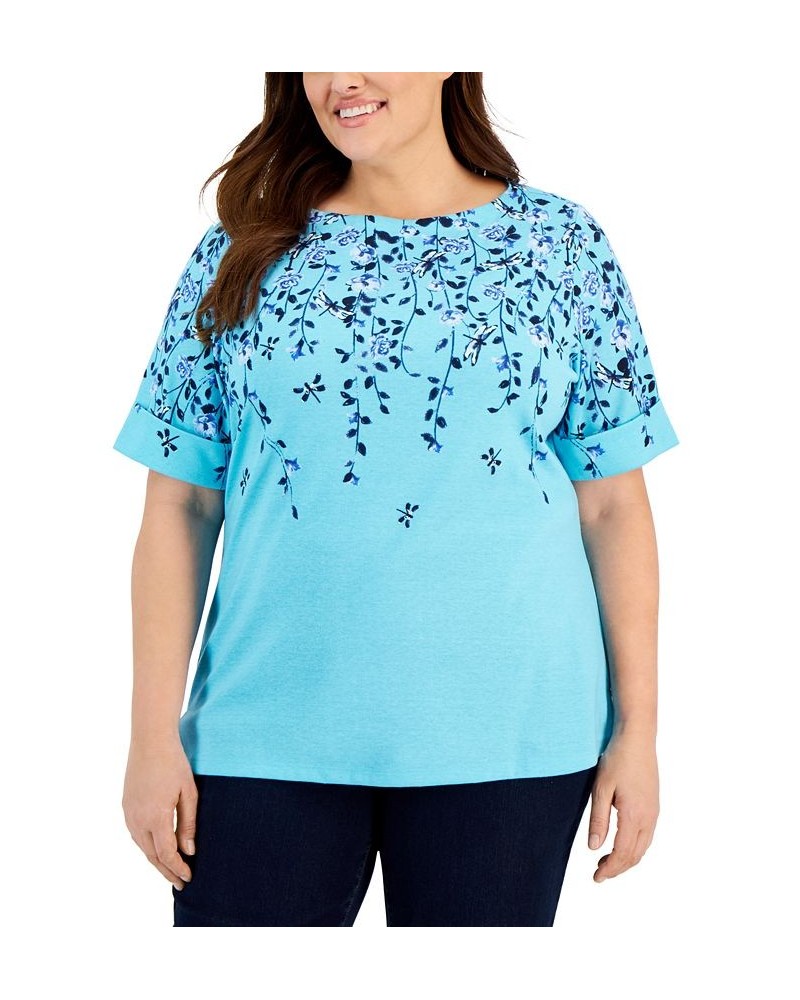 Plus Size Floral Boat-Neck Top Blue $27.90 Tops