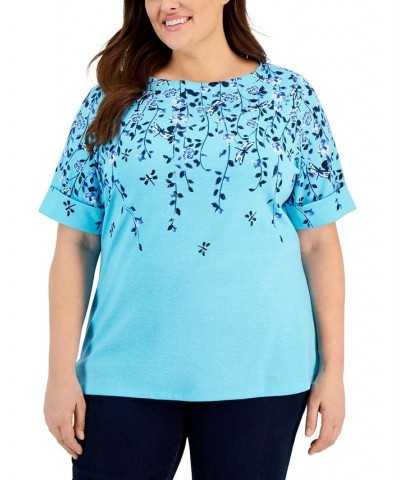 Plus Size Floral Boat-Neck Top Blue $27.90 Tops