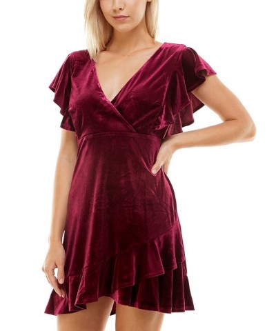 Juniors' Velvet V-Neck Ruffled A-Line Dress Wine $13.79 Dresses