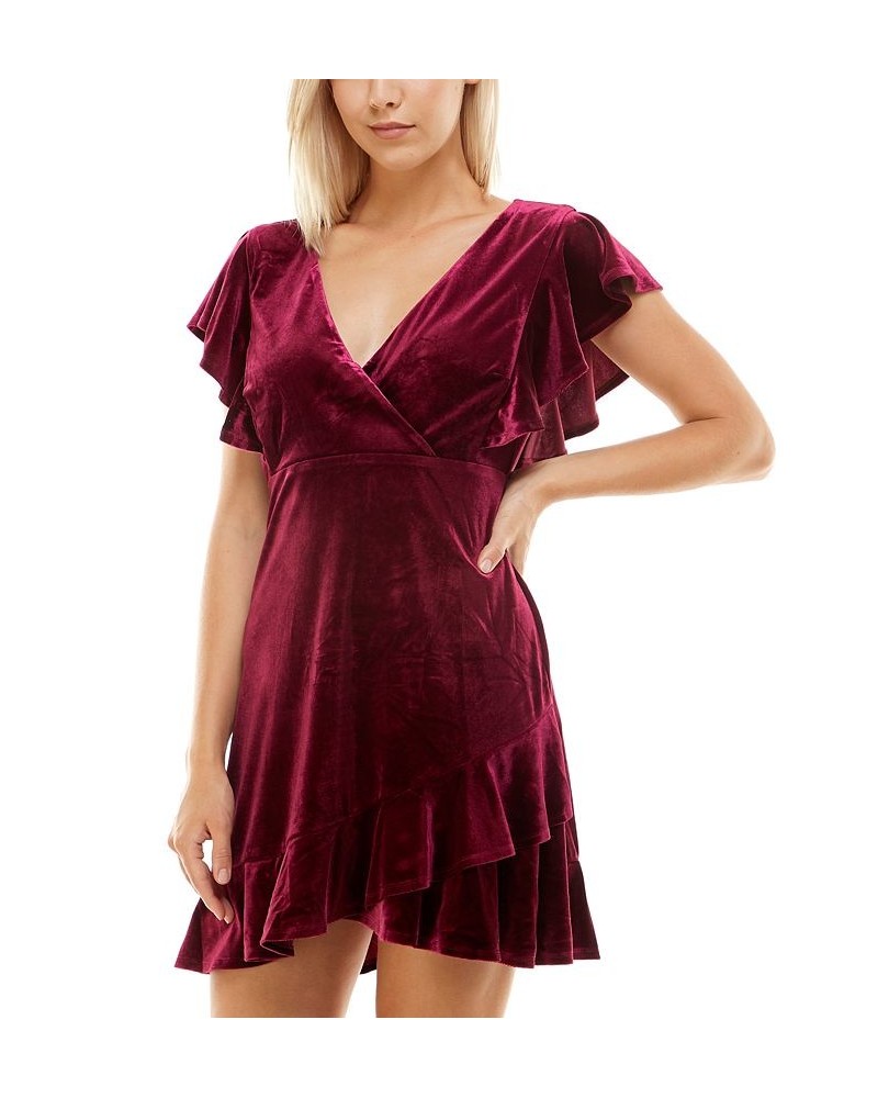 Juniors' Velvet V-Neck Ruffled A-Line Dress Wine $13.79 Dresses