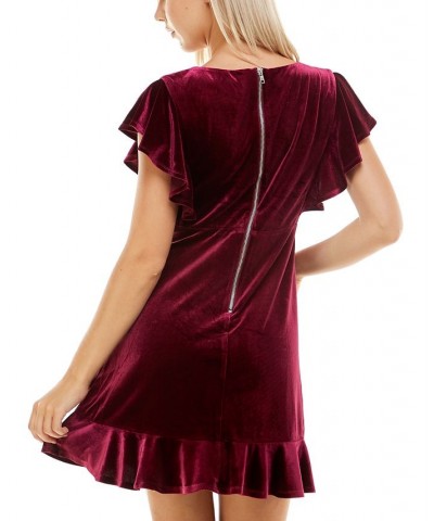 Juniors' Velvet V-Neck Ruffled A-Line Dress Wine $13.79 Dresses