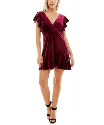 Juniors' Velvet V-Neck Ruffled A-Line Dress Wine $13.79 Dresses