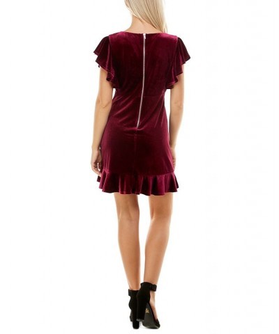 Juniors' Velvet V-Neck Ruffled A-Line Dress Wine $13.79 Dresses