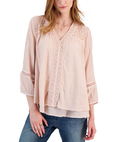 Women's 3/4-Sleeve Embroidered Lace Top Mocha Rose $13.90 Tops