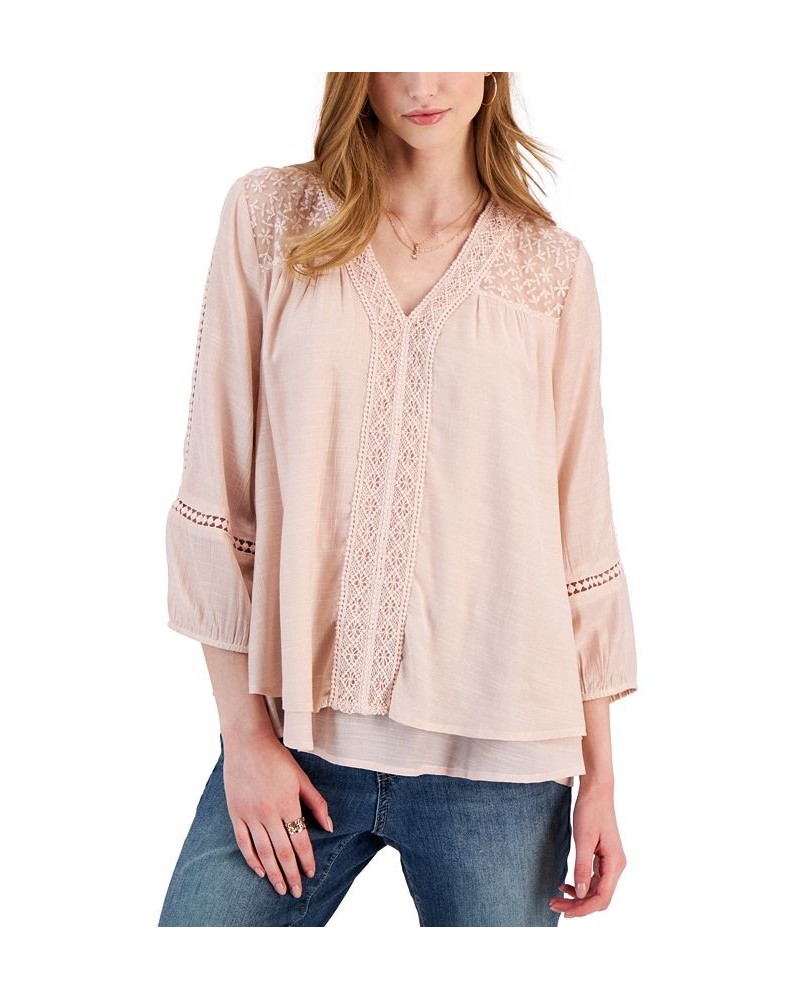 Women's 3/4-Sleeve Embroidered Lace Top Mocha Rose $13.90 Tops