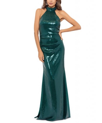 Women's Sequined Mock-Neck T-Back Gown Emerald $131.56 Dresses