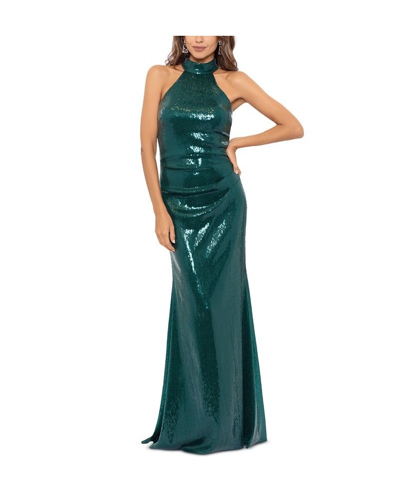 Women's Sequined Mock-Neck T-Back Gown Emerald $131.56 Dresses