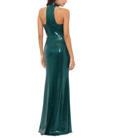 Women's Sequined Mock-Neck T-Back Gown Emerald $131.56 Dresses