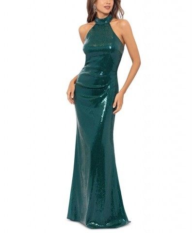 Women's Sequined Mock-Neck T-Back Gown Emerald $131.56 Dresses