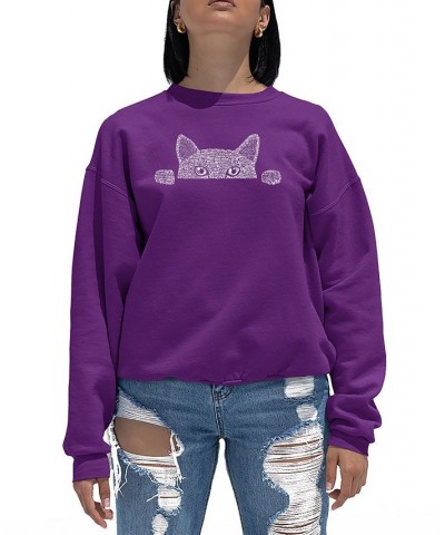 Women's Word Art Peeking Cat Crewneck Sweatshirt Purple $20.50 Tops