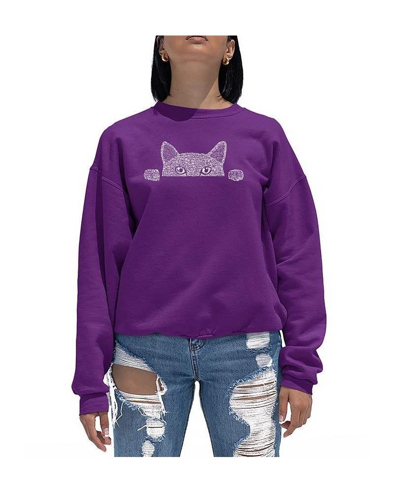 Women's Word Art Peeking Cat Crewneck Sweatshirt Purple $20.50 Tops