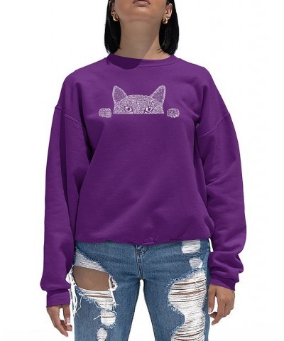 Women's Word Art Peeking Cat Crewneck Sweatshirt Purple $20.50 Tops