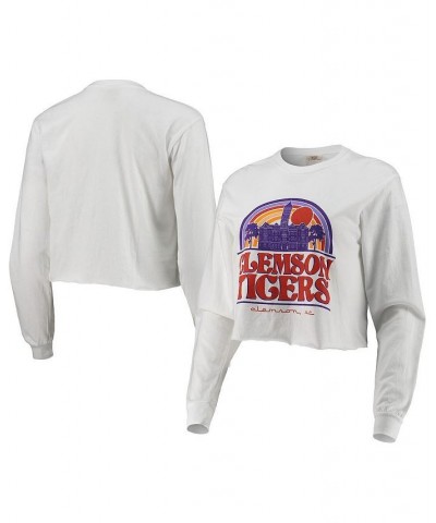 Women's White Clemson Tigers Retro Campus Crop Long Sleeve T-shirt White $24.20 Tops