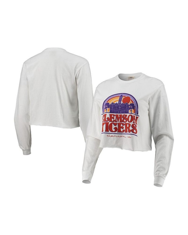 Women's White Clemson Tigers Retro Campus Crop Long Sleeve T-shirt White $24.20 Tops