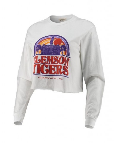 Women's White Clemson Tigers Retro Campus Crop Long Sleeve T-shirt White $24.20 Tops