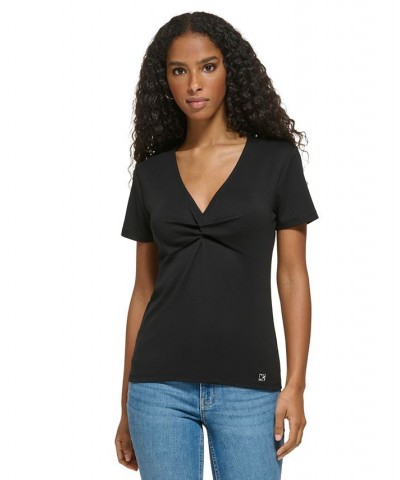Women's Twist Front V-Neck T-Shirt Black $23.76 Tops