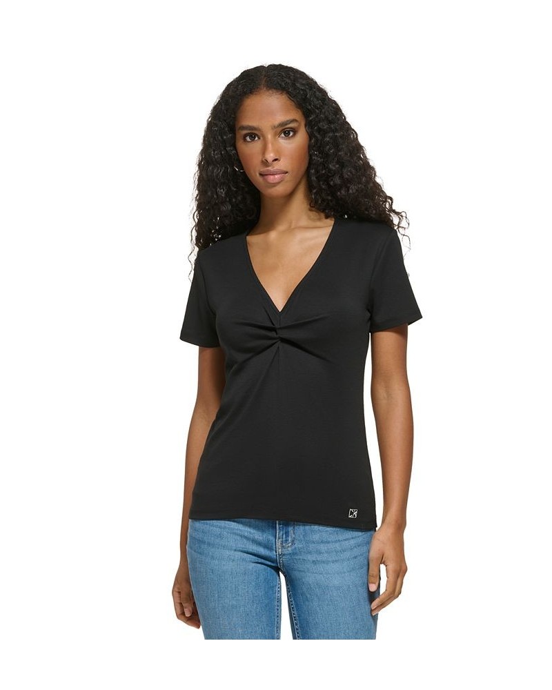 Women's Twist Front V-Neck T-Shirt Black $23.76 Tops