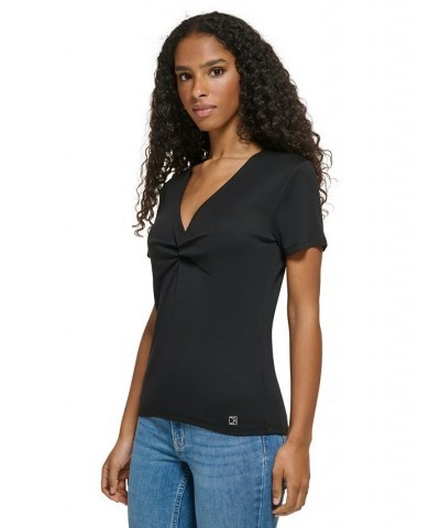 Women's Twist Front V-Neck T-Shirt Black $23.76 Tops