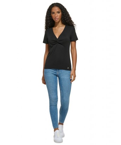 Women's Twist Front V-Neck T-Shirt Black $23.76 Tops