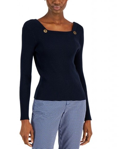 Women's Sailor-Neck Ribbed Sweater Blue $29.85 Sweaters