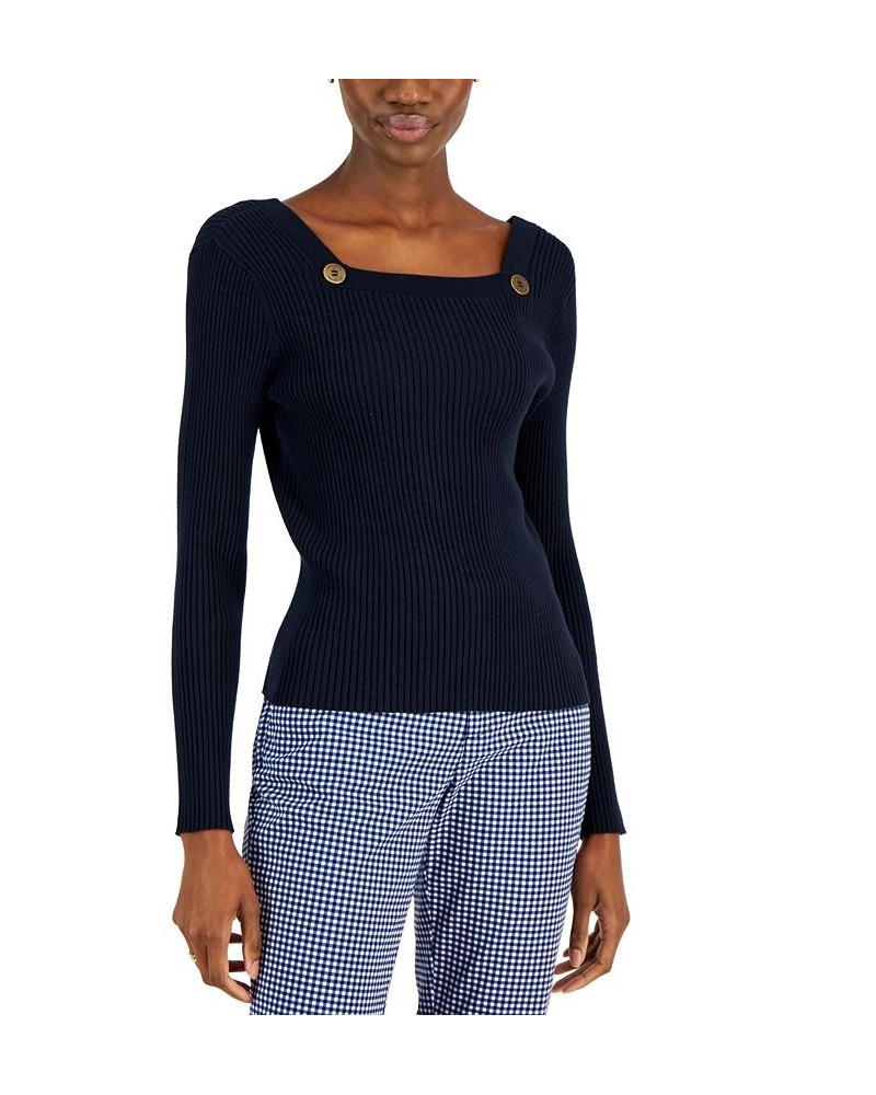 Women's Sailor-Neck Ribbed Sweater Blue $29.85 Sweaters