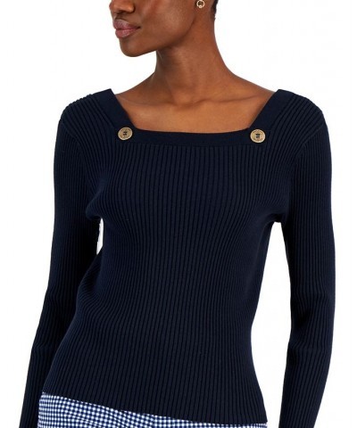 Women's Sailor-Neck Ribbed Sweater Blue $29.85 Sweaters