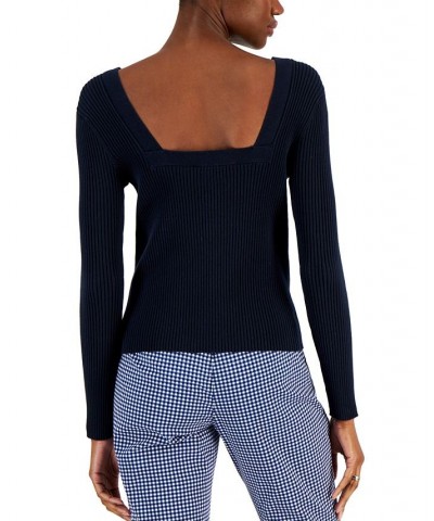 Women's Sailor-Neck Ribbed Sweater Blue $29.85 Sweaters