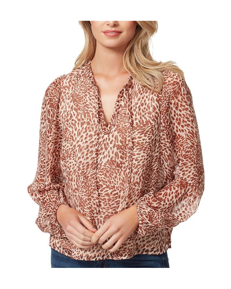 Women's Ruby Printed Balloon-Sleeve Boho Top Tan/Beige $19.24 Tops