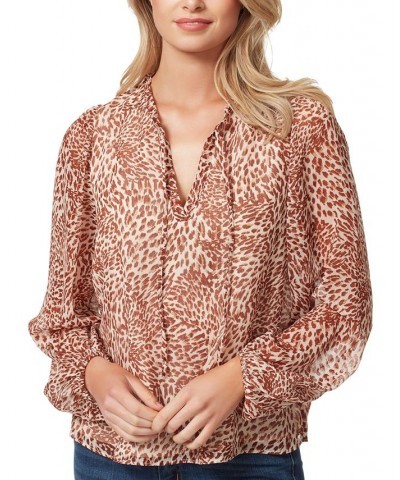 Women's Ruby Printed Balloon-Sleeve Boho Top Tan/Beige $19.24 Tops