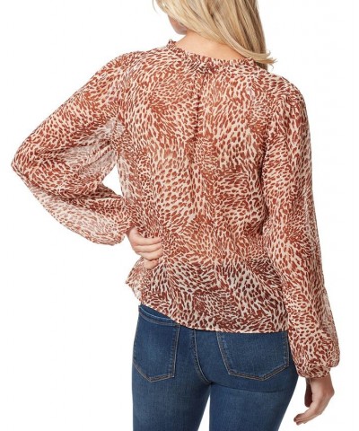 Women's Ruby Printed Balloon-Sleeve Boho Top Tan/Beige $19.24 Tops