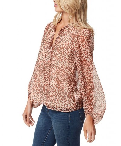 Women's Ruby Printed Balloon-Sleeve Boho Top Tan/Beige $19.24 Tops