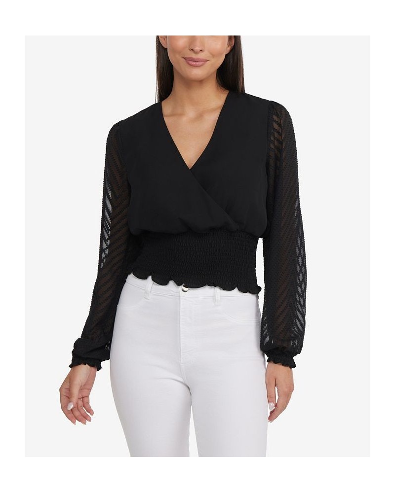 Women's Blouson Sleeve Wrap Top with Smocked Waist Black $42.57 Tops