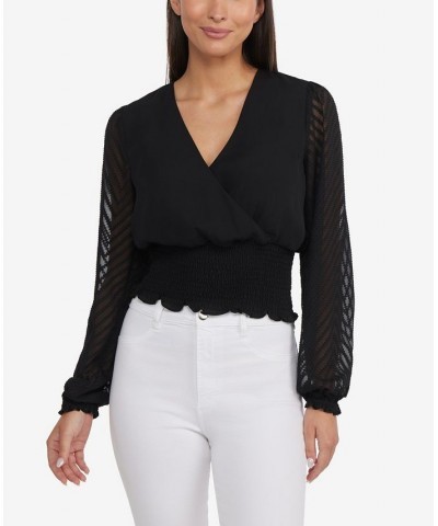 Women's Blouson Sleeve Wrap Top with Smocked Waist Black $42.57 Tops