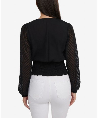 Women's Blouson Sleeve Wrap Top with Smocked Waist Black $42.57 Tops