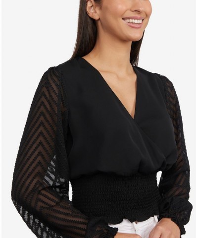 Women's Blouson Sleeve Wrap Top with Smocked Waist Black $42.57 Tops