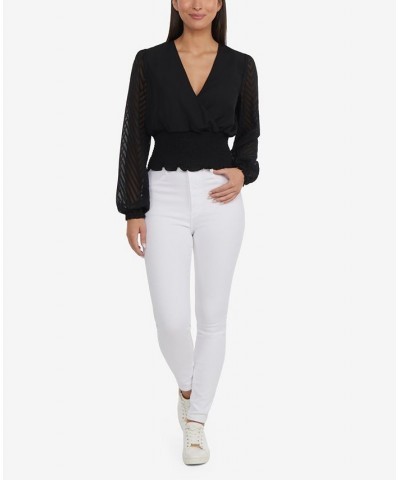 Women's Blouson Sleeve Wrap Top with Smocked Waist Black $42.57 Tops