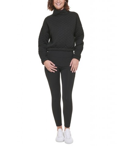 Women's Quilted Jacquard Mock-Neck Long-Sleeve Crop Top With Elastic Hem Black $20.59 Sweatshirts