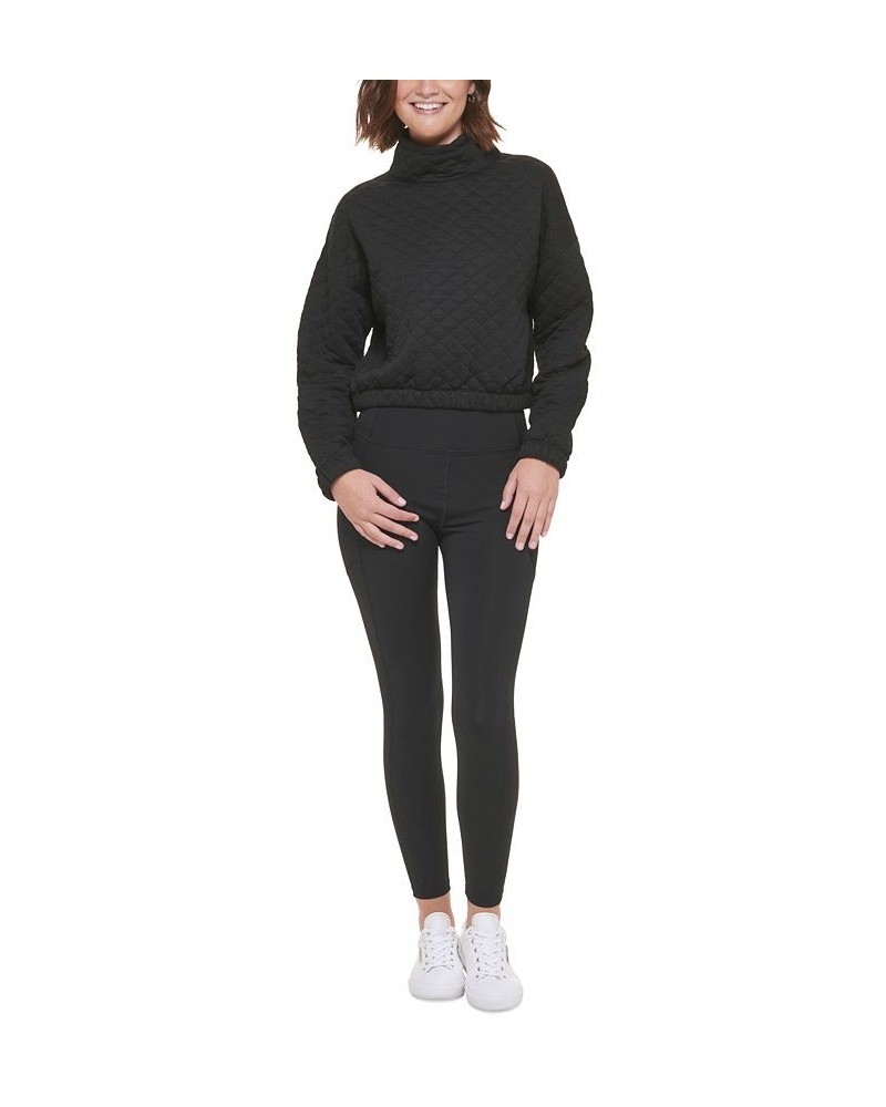 Women's Quilted Jacquard Mock-Neck Long-Sleeve Crop Top With Elastic Hem Black $20.59 Sweatshirts