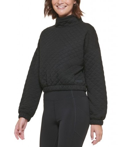 Women's Quilted Jacquard Mock-Neck Long-Sleeve Crop Top With Elastic Hem Black $20.59 Sweatshirts