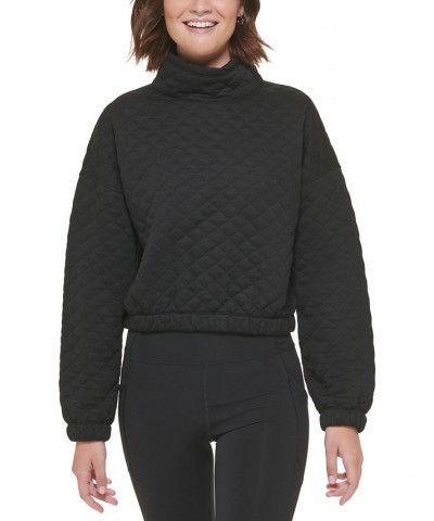 Women's Quilted Jacquard Mock-Neck Long-Sleeve Crop Top With Elastic Hem Black $20.59 Sweatshirts