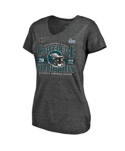 Women's Philadelphia Eagles 2022 NFC Champions Plus Size Banner Worthy V-Neck T-shirt Heather Charcoal $27.83 Tops