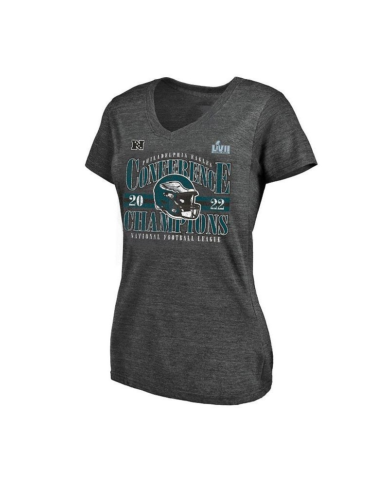 Women's Philadelphia Eagles 2022 NFC Champions Plus Size Banner Worthy V-Neck T-shirt Heather Charcoal $27.83 Tops